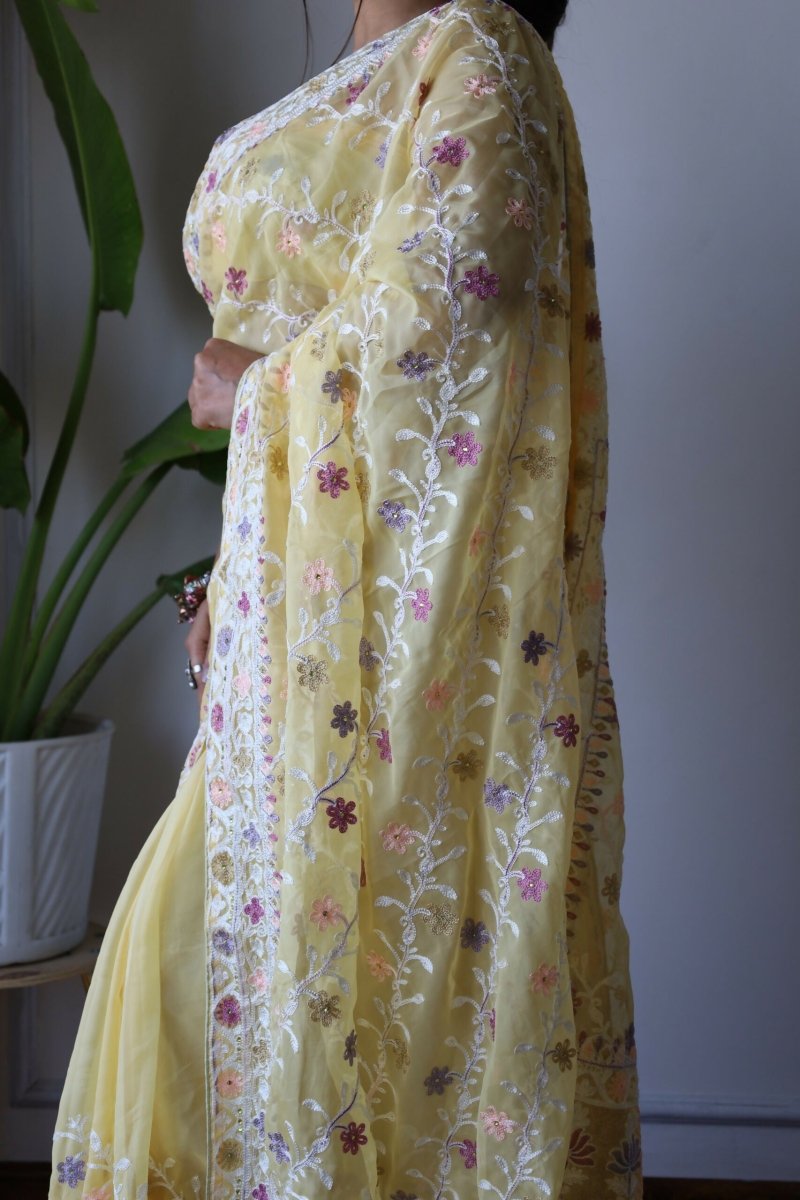 Aastha Fashion Yellow Heavy Soft Organza Beautiful multicolor thread chain embroidery work with diamond work Saree