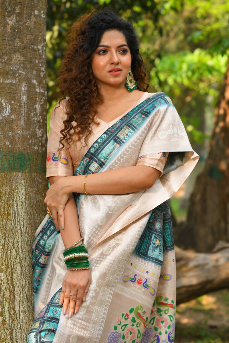 Aastha Fashion Teal Woven Cotton Blend Saree with Blouse - Distacart