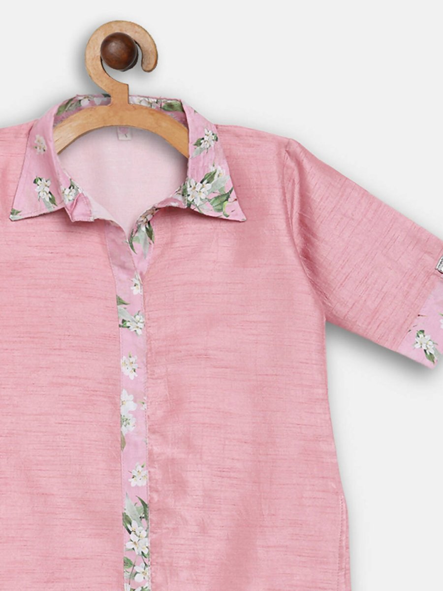 Ahalyaa Pink Poly Silk Solid Kids Kurta with Printed Pant Set For Girls - Distacart