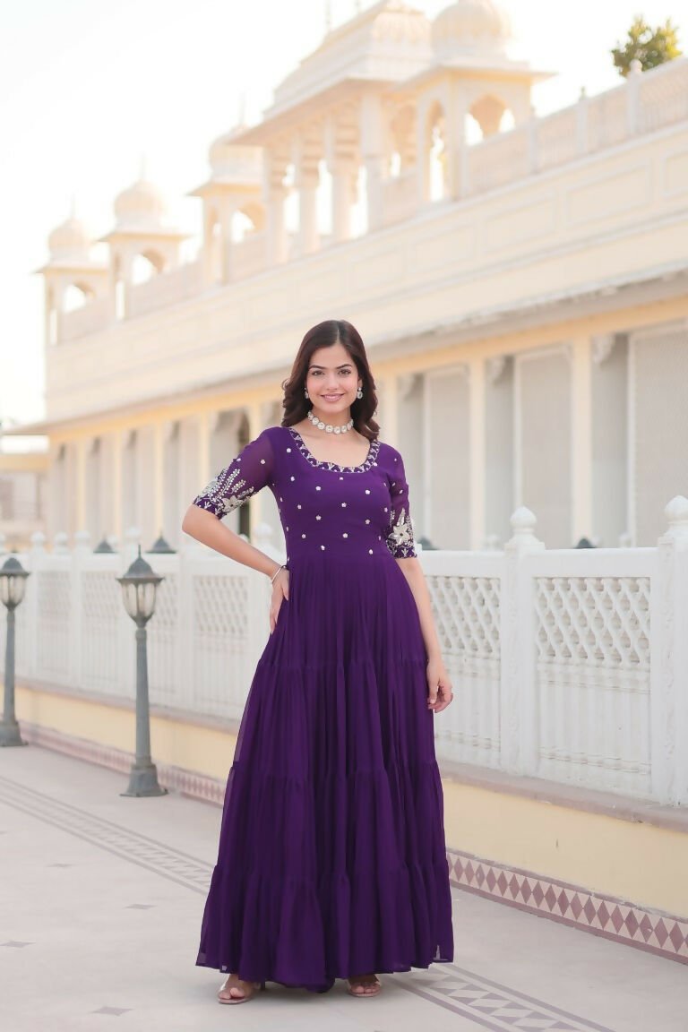 Aastha Fashion Women's Purple Faux Blooming Embroidery Zari Sequins-work Gown