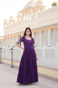 Thumbnail for Aastha Fashion Women's Purple Faux Blooming Embroidery Zari Sequins-work Gown