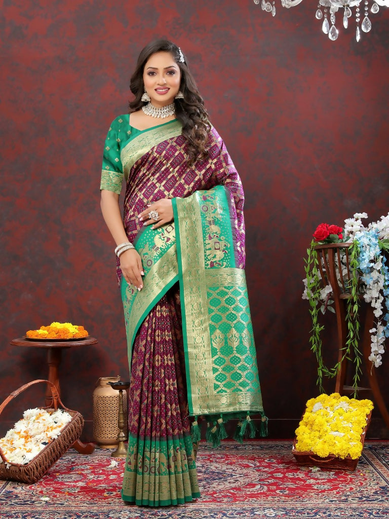 Vastranavya Purple Soft Patola Silk With Meenakari Weaving Motifs And Rich Zari Weaving Pallu Saree With Matching Blouse Fabric - Distacart