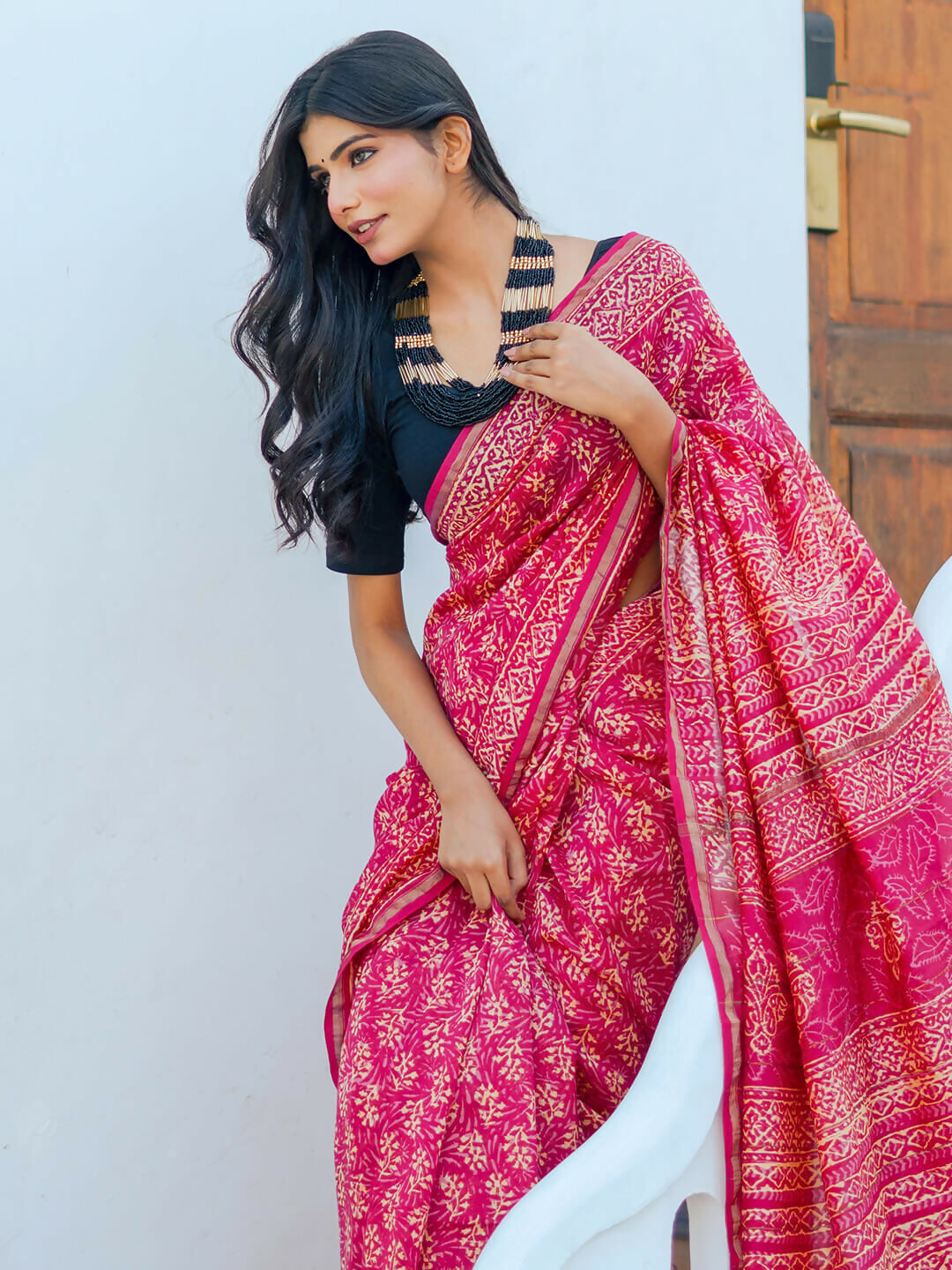 Zibaa Hand-Blocked Pure Chanderi Silk Pink Saree