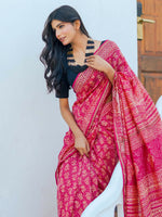 Thumbnail for Zibaa Hand-Blocked Pure Chanderi Silk Pink Saree