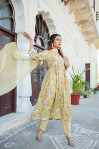 Thumbnail for Vaasva Women Yellow Muslin Embroidered Kurta, Pant & Dupatta Set - Distacart