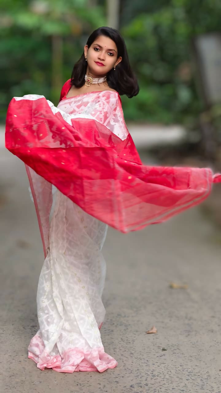 Exclusive Collection White Red White Red Jamdani Saree