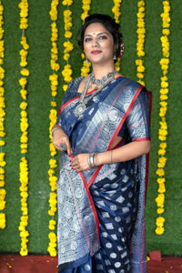 Thumbnail for Aastha Fashion Navy Blue Woven Soft Handloom Silk Saree with Blouse - Distacart