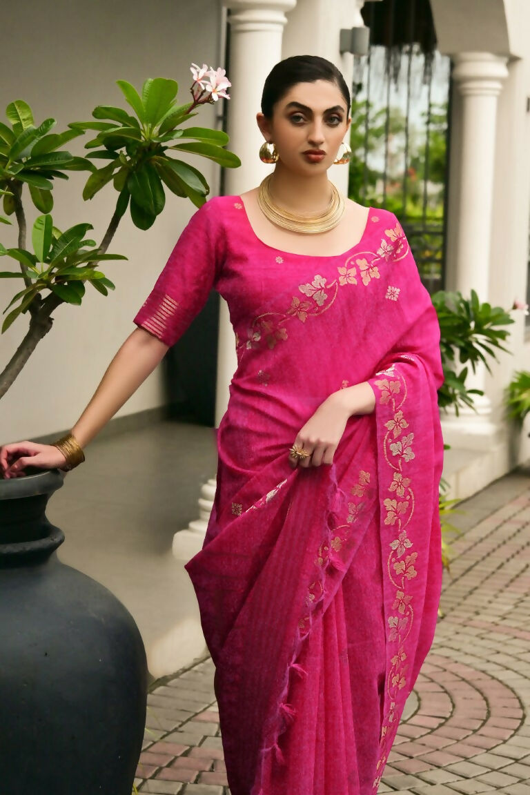 Vishnu Weaves Women's Pink Linen Silk Zari Weaving Saree with Blouse