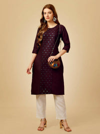 Thumbnail for Aastha Fashion Women's Wine Cotton Blend Embroidered Kurta Pant Set - Distacart