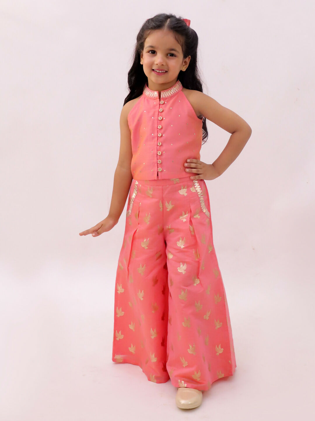 Lil Drama Mishti Peach Top and Pant Set For Girls
