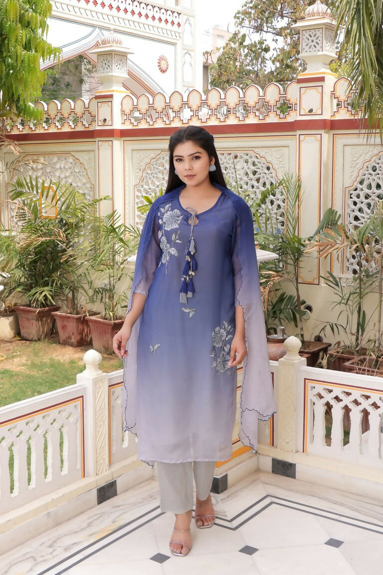 Vaasva Women Blue Tabby Slik Print & Embroidered Kurta, Pant & Dupatta Set - Distacart
