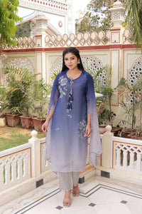 Thumbnail for Vaasva Women Blue Tabby Slik Print & Embroidered Kurta, Pant & Dupatta Set - Distacart