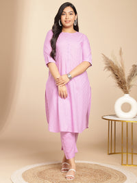 Thumbnail for Janasya Straight Jacquard Lavender Self Design Round Neck Co-Ords