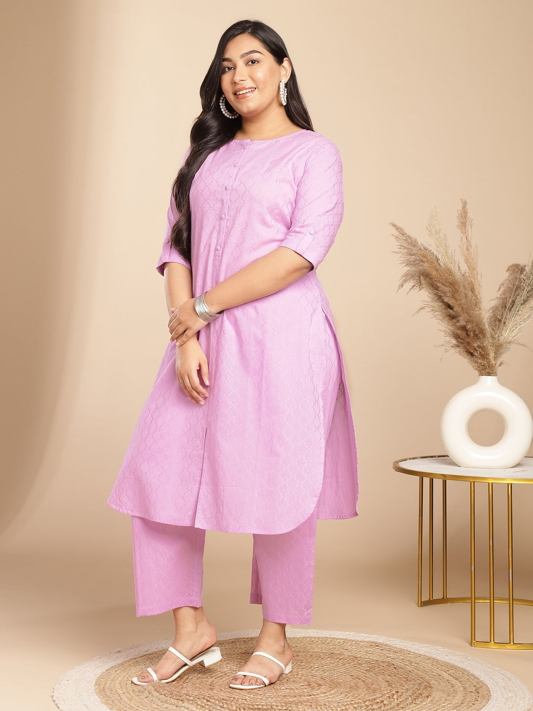 Janasya Straight Jacquard Lavender Self Design Round Neck Co-Ords