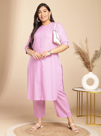 Thumbnail for Janasya Straight Jacquard Lavender Self Design Round Neck Co-Ords