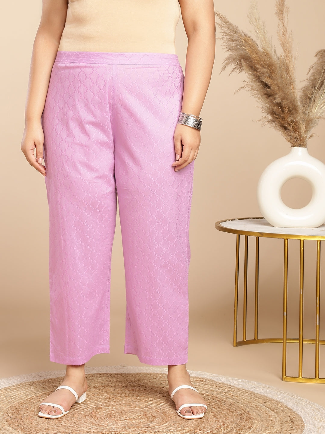 Janasya Straight Jacquard Lavender Self Design Round Neck Co-Ords