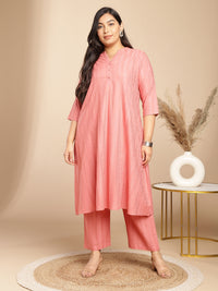 Thumbnail for Janasya Straight Jacquard Pink Self Design Band Collar Co-Ords