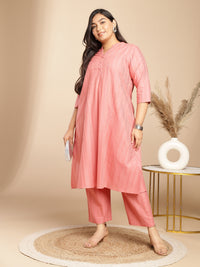 Thumbnail for Janasya Straight Jacquard Pink Self Design Band Collar Co-Ords