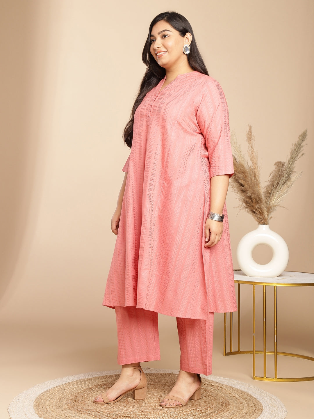 Janasya Straight Jacquard Pink Self Design Band Collar Co-Ords