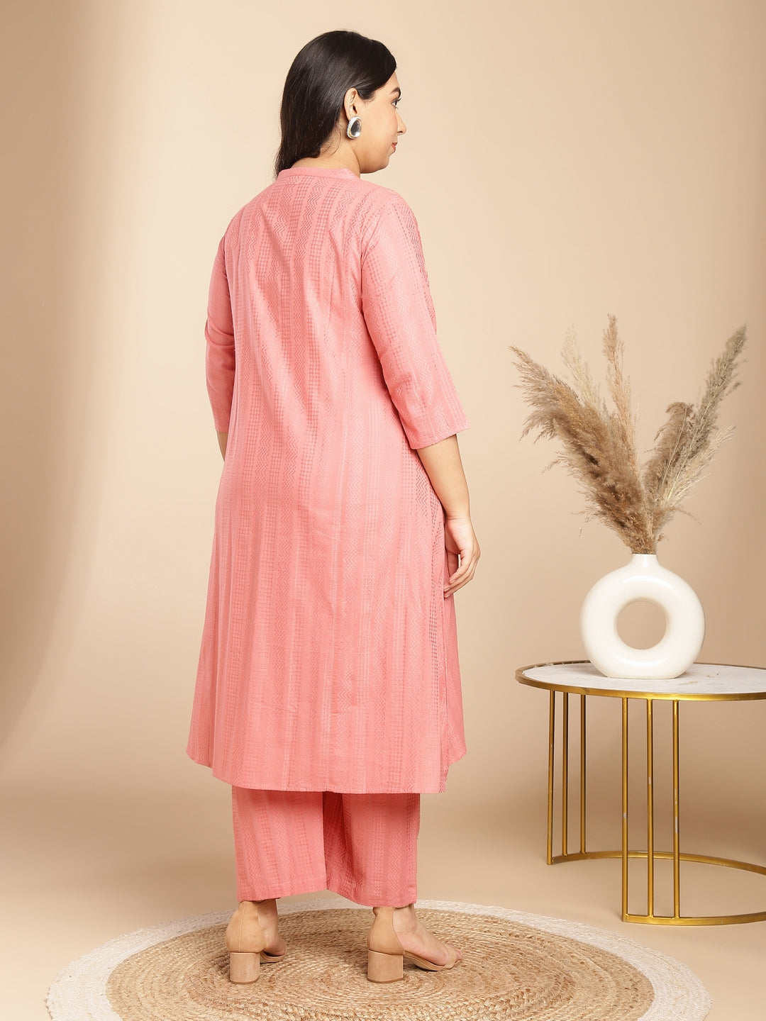 Janasya Straight Jacquard Pink Self Design Band Collar Co-Ords
