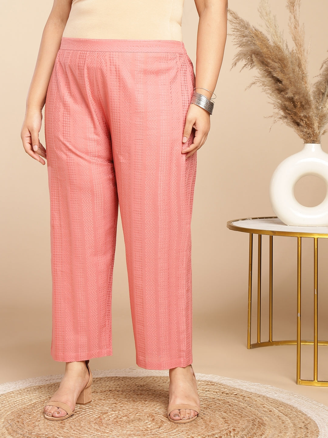 Janasya Straight Jacquard Pink Self Design Band Collar Co-Ords