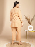 Thumbnail for Janasya Pleated Jacquard Peach Self Design V-Neck Co-Ords - Distacart