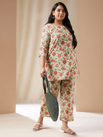 Thumbnail for Janasya A-Line Cambric Off White Floral Round Neck Co-Ords - Distacart