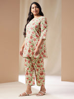 Thumbnail for Janasya A-Line Cambric Off White Floral Round Neck Co-Ords - Distacart