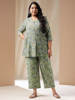 Thumbnail for Janasya Straight Cambric Sage Ethnic Motifs V-Neck Co-Ords - Distacart