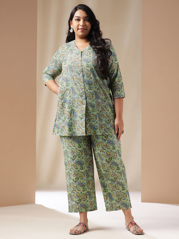 Janasya Straight Cambric Sage Ethnic Motifs V-Neck Co-Ords - Distacart