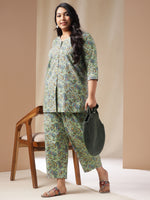Thumbnail for Janasya Straight Cambric Sage Ethnic Motifs V-Neck Co-Ords - Distacart