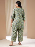 Thumbnail for Janasya Straight Cambric Sage Ethnic Motifs V-Neck Co-Ords - Distacart