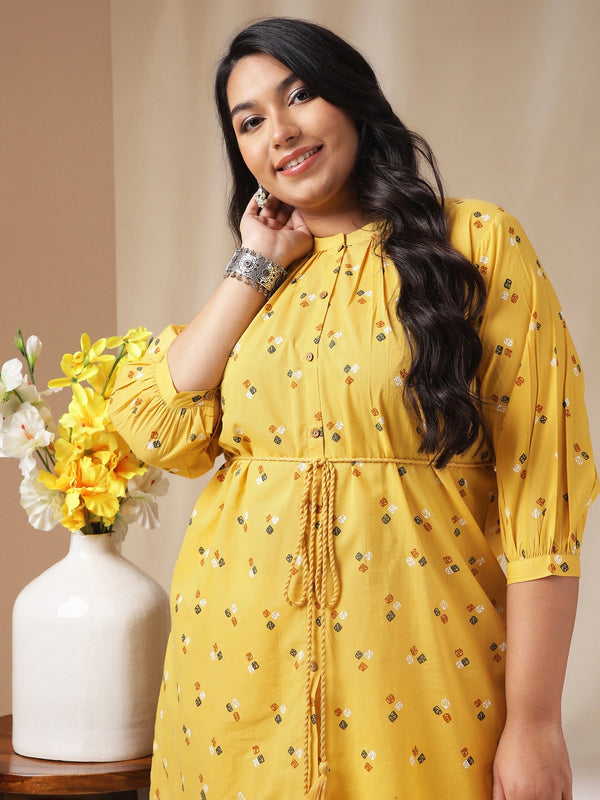 Janasya Regular Cambric Mustard Geometric Band Collar Co-Ords - Distacart