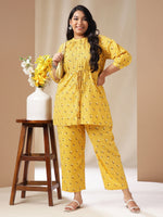 Thumbnail for Janasya Regular Cambric Mustard Geometric Band Collar Co-Ords - Distacart