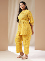 Thumbnail for Janasya Regular Cambric Mustard Geometric Band Collar Co-Ords - Distacart
