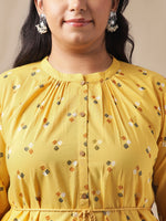 Thumbnail for Janasya Regular Cambric Mustard Geometric Band Collar Co-Ords - Distacart