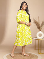 Thumbnail for Janasya Gathering Cambric Lime Floral Round Neck Dress - Distacart