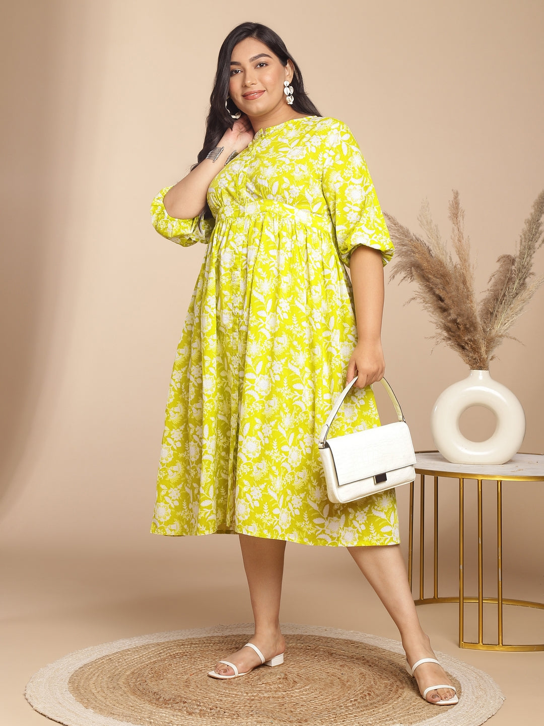 Janasya Gathering Cambric Lime Floral Round Neck Dress - Distacart