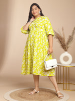 Thumbnail for Janasya Gathering Cambric Lime Floral Round Neck Dress - Distacart