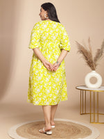 Thumbnail for Janasya Gathering Cambric Lime Floral Round Neck Dress - Distacart
