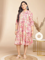 Thumbnail for Janasya Gathered Cambric Pink Abstract Band Collar Dress - Distacart