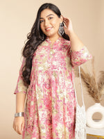 Thumbnail for Janasya Gathered Cambric Pink Abstract Band Collar Dress - Distacart