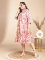 Thumbnail for Janasya Gathered Cambric Pink Abstract Band Collar Dress - Distacart
