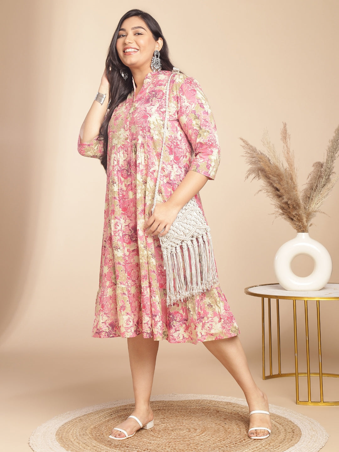 Janasya Gathered Cambric Pink Abstract Band Collar Dress - Distacart