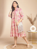Thumbnail for Janasya Gathered Cambric Pink Abstract Band Collar Dress - Distacart
