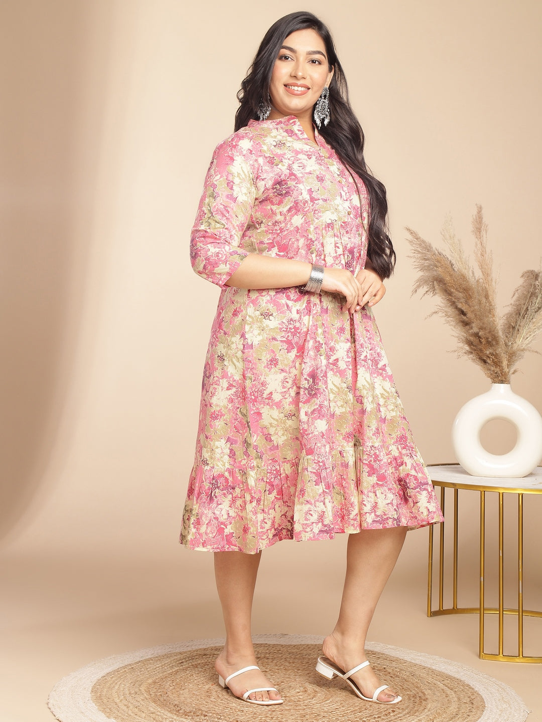 Janasya Gathered Cambric Pink Abstract Band Collar Dress - Distacart