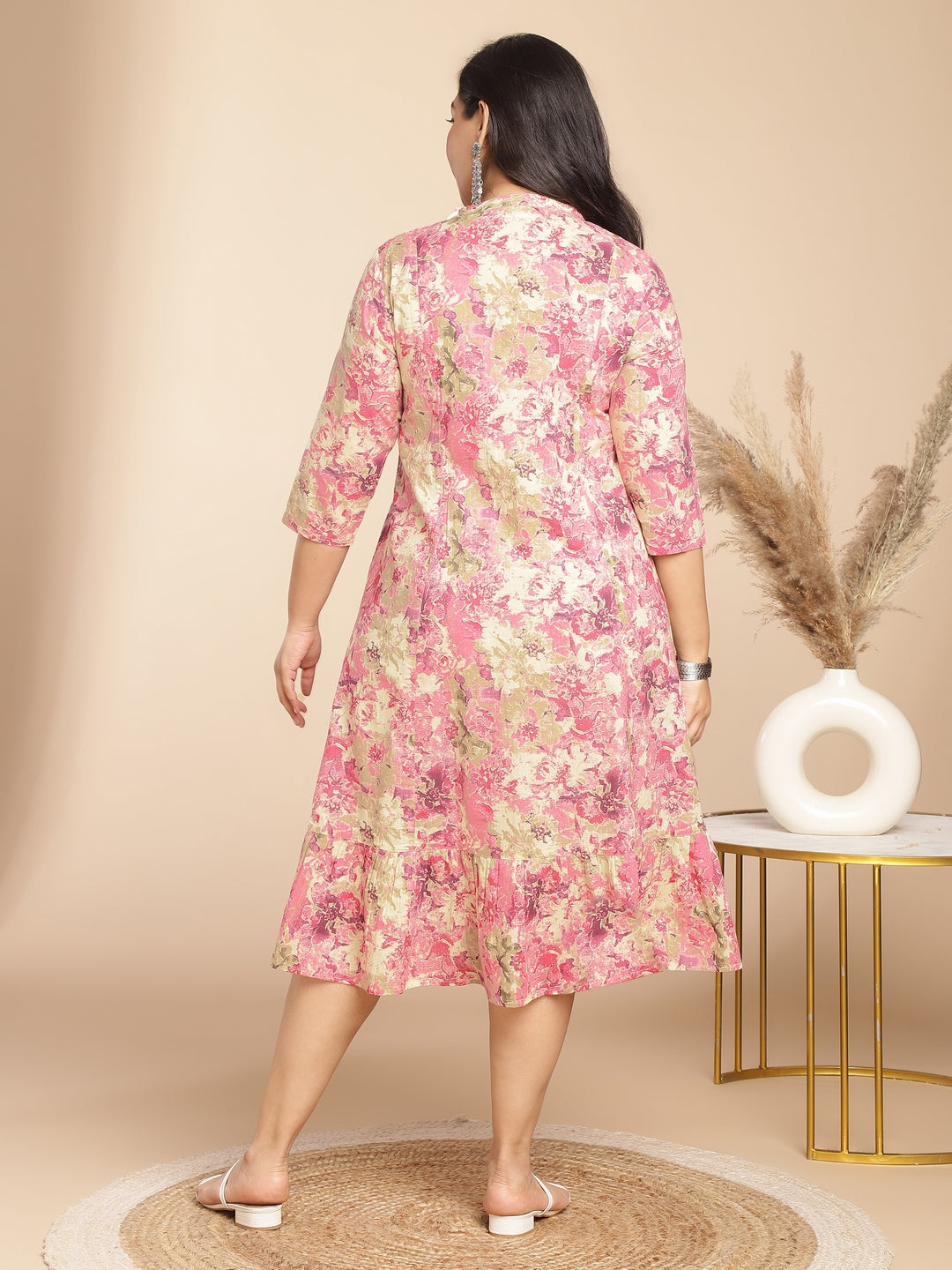 Janasya Gathered Cambric Pink Abstract Band Collar Dress - Distacart
