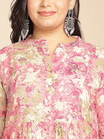 Thumbnail for Janasya Gathered Cambric Pink Abstract Band Collar Dress - Distacart