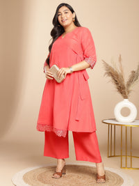 Thumbnail for Janasya Angrakha Muslin Peach Solid V-Neck Kurta & Bottom