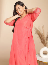 Thumbnail for Janasya Angrakha Muslin Peach Solid V-Neck Kurta & Bottom